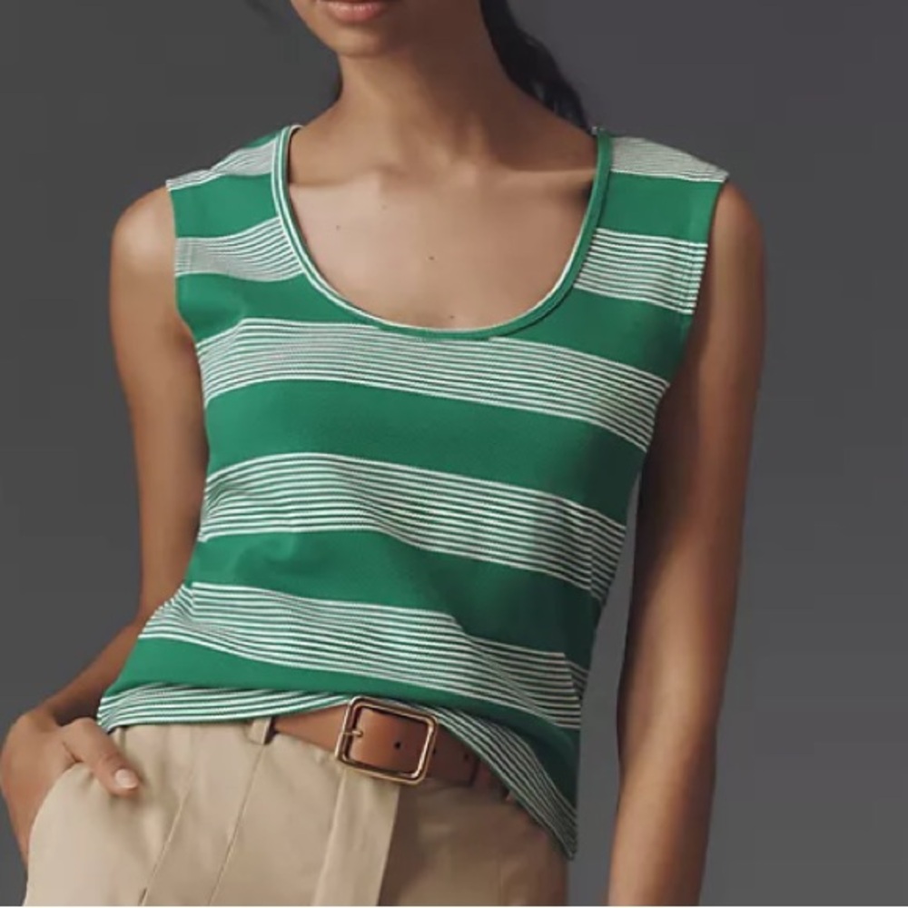 Anthropologie Pique Striped Crew-Neck Tank - Green